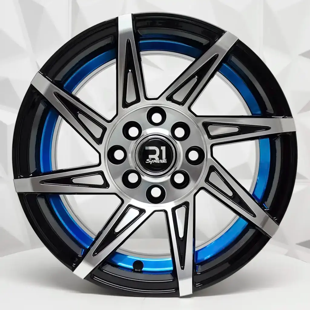 RIN 13X6 4-100/114.3 R1 SPORT QC2057 BLACK MACHINE FACE BLUE UNDERCUT ET10 CB73.1
